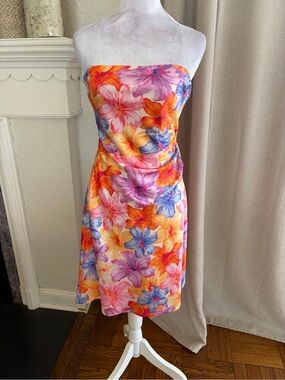 RNWY the label Strapless Floral Midi Dress in Orange, Pink & Purple